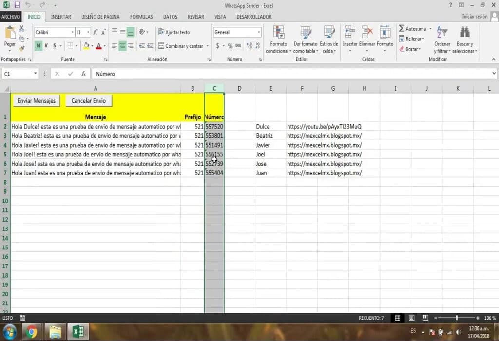 Enviar mensajes con Excel