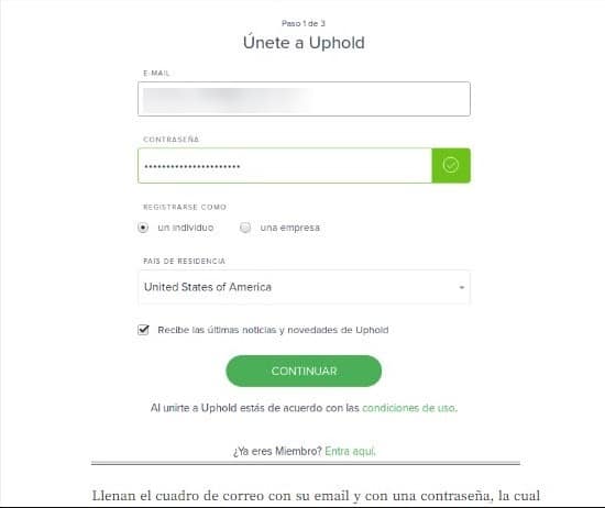 Registro en Uphold