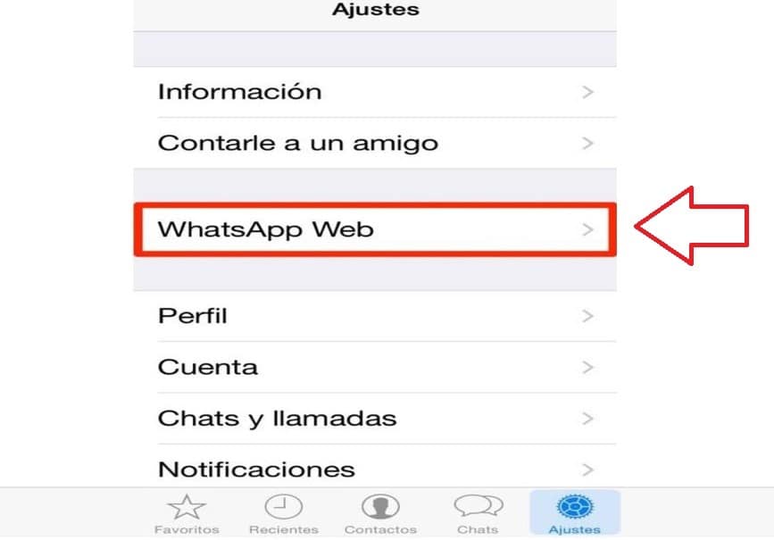 Opción de Whatsapp web en dispositivo inteligente con sistema iOs