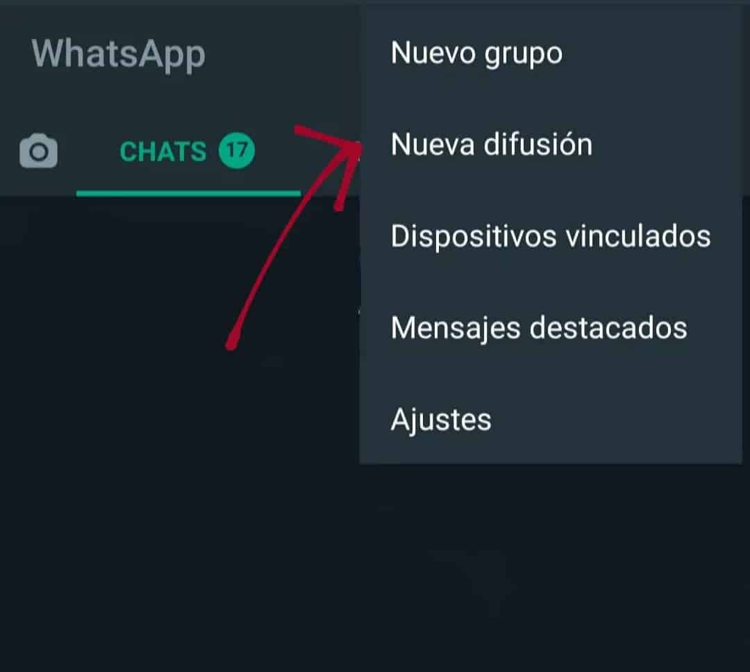 Opcion de “nueva difusión” para crear lista de difusión en Whatsapp para Android