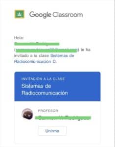 Invitación por correo electrónico a una clase en Classroom